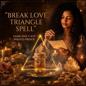 May include: A glass jar with a burlap lid and a gold bee charm, surrounded by gold coins, candles, and a crystal cluster. The text reads: BREAK LOVE TRIANGLE SPELL, SAME DAY CAST PHOTO PROOF. A glowing golden triangle surrounds the jar on a dark table.