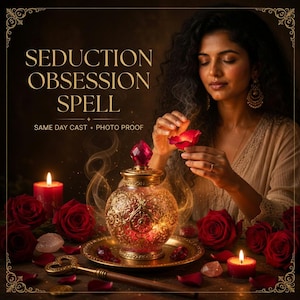May include: A decorative glass jar with an ornate gold filigree pattern and a pink crystal topper, surrounded by red roses, lit red candles, and a heart-shaped key. The text reads SEDUCTION OBSESSION SPELL and SAME DAY CAST + PHOTO PROOF.