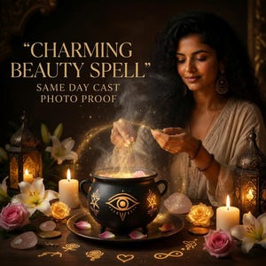 Peut inclure: Un chaudron noir avec des symboles d'œil et d'étoiles dorés, émettant une fumée lumineuse. Le texte indique "CHARMING BEAUTY SPELL" et "SAME DAY CAST PHOTO PROOF". Il est entouré de lys blancs, de roses roses, de bougies et de lanternes.