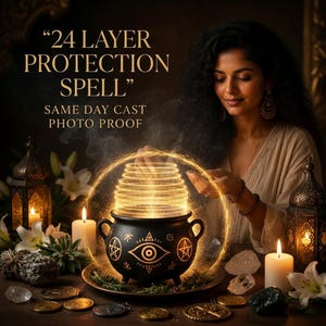 May include: A black cauldron with gold symbols including an eye and pentagrams, emitting glowing rings of light. Text reads 24 LAYER PROTECTION SPELL and SAME DAY CAST PHOTO PROOF. Surrounded by candles, white lilies, and small metal coins.