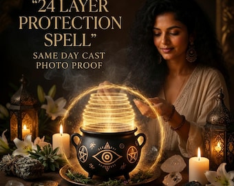 May include: A black cauldron with gold symbols including an eye and pentagrams, emitting glowing rings of light. Text reads 24 LAYER PROTECTION SPELL and SAME DAY CAST PHOTO PROOF. Surrounded by candles, white lilies, and small metal coins.