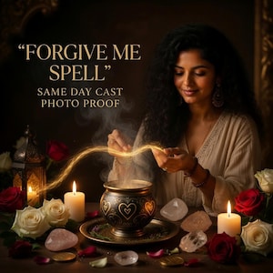 Op de afbeelding: Een donkerharig persoon voert een ritueel uit met een zwarte ketel met gouden hartjes, omringd door witte en rode rozen, brandende kaarsen en kristallen. Tekst: FORGIVE ME SPELL, SAME DAY CAST, PHOTO PROOF.