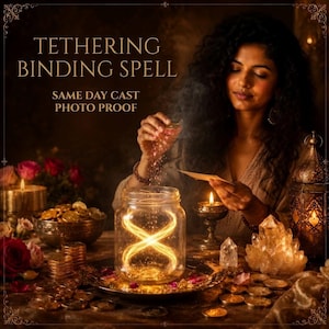 Op de afbeelding: Een glazen pot met een gloeiend gouden oneindigheidssymbool, omringd door gouden munten, kristallen en brandende kaarsen. De tekst luidt TETHERING BINDING SPELL, SAME DAY CAST, PHOTO PROOF. De scène is in een warme, donkere omgeving.