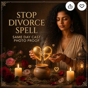 Könnte beinhalten: Eine digitale Grafik mit dem Text STOP DIVORCE SPELL SAME DAY CAST PHOTO PROOF. Ein leuchtendes, zerbrochenes goldenes Herz wird über einen kleinen braunen Topf gehalten, umgeben von roten und rosa Rosen, zwei brennenden weißen Kerzen und einer Laterne.