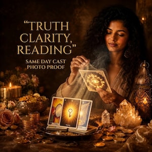 May include: A set of tarot cards featuring an eye, a mirror, a key, and a veil, with text reading TRUTH CLARITY, READING and SAME DAY CAST PHOTO PROOF. The scene includes gold coins, a metal lantern, a crystal cluster, and a lit candle.