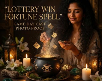 May include: A black cauldron with gold eye and diamond symbols, surrounded by white lilies, candles, and gold coins. Text reads: LOTTERY WIN FORTUNE SPELL, SAME DAY CAST PHOTO PROOF. Floating paper slips with numbers rise from the glowing cauldron.