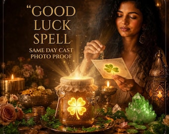 May include: A glass jar with a glowing four-leaf clover emblem, surrounded by gold coins, a metal key, a bee charm, a green crystal, and candles. The text reads GOOD LUCK SPELL SAME DAY CAST PHOTO PROOF. The scene is illuminated by warm light.