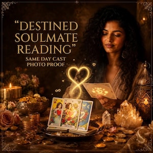 May include: A tarot card reading setup featuring three cards with heart imagery, a bowl of gold coins, a glowing heart symbol, a crystal cluster, and a metal lantern. The text reads DESTINED SOULMATE READING and SAME DAY CAST PHOTO PROOF.
