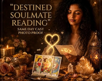 May include: A tarot card reading setup featuring three cards with heart imagery, a bowl of gold coins, a glowing heart symbol, a crystal cluster, and a metal lantern. The text reads DESTINED SOULMATE READING and SAME DAY CAST PHOTO PROOF.