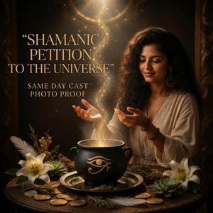 Pode incluir: Um caldeirão preto com um símbolo dourado do Olho de Hórus sobre uma mesa com lírios brancos, suculentas e moedas de ouro. Texto: SHAMANIC PETITION TO THE UNIVERSE, SAME DAY CAST PHOTO PROOF. Uma luz dourada emana do caldeirão.