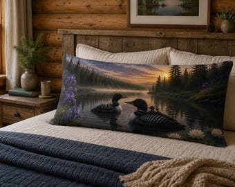 Può includere: Un cuscino lombare rettangolare con una stampa paesaggistica che raffigura due strolaghe che nuotano su un lago calmo al tramonto. L'immagine include fiori di iris viola in primo piano, una fitta pineta e ninfee bianche sulla superficie dell'acqua.