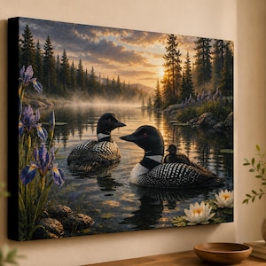 May include: A rectangular canvas wall art print depicting two adult loons and a chick swimming on a calm lake at sunset. The scene features purple iris flowers in the foreground, white water lilies, a misty shoreline, and a dense pine forest.