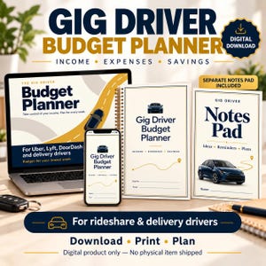 May include: A digital gig driver budget planner set including a laptop screen display, a smartphone, a spiral-bound notebook, and a notes pad. The text reads Gig Driver Budget Planner, Income, Expenses, Savings, and Notes Pad.