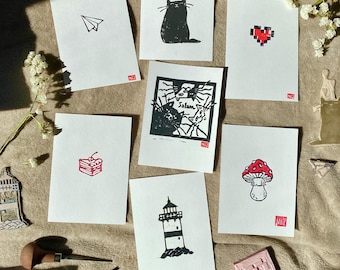 Juego de 7 tarjetas de felicitación / grabado en linóleo / tarjeta tamaño A6