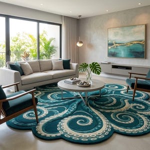 Op de afbeelding: Een groot, rond vloerkleed met een patroon van diepblauwe en crèmekleurige inktvisarmen met zuignapdetails. Het kleed ligt in een woonkamer met een lichtgrijze bank, twee donkerblauwe fauteuils en een ronde salontafel.