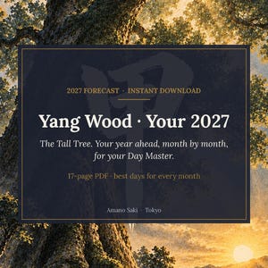 May include: A digital document titled Yang Wood · Your 2027, featuring the text 2027 Forecast · Instant Download, The Tall Tree. Your year ahead, month by month, for your Day Master, 17-page PDF · best days for every month, and Amano Saki · Tokyo.