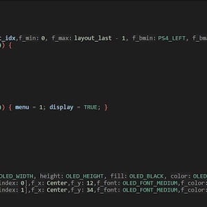 May include: A dark-themed code editor interface displaying C-style programming syntax on a screen. The text includes functions like case 3, layout_idx, event_press, and switch(menu), with visible line numbers ranging from 369 to 398 on the left side.