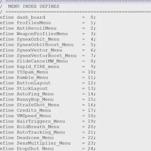 May include: A digital text document displaying a list of menu index definitions for software code. The text includes lines starting with define followed by terms like dash_board, ProfilesMenu, AntiRecoilMenu, and WeaponProfilesMenu, each assigned a numerical value.