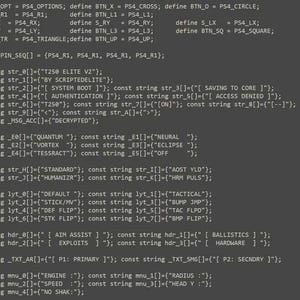 May include: A dark gray screen displaying C++ programming code for a gaming controller script. The text includes definitions for PS4 buttons, system boot messages like T250 ELITE V2, authentication status, and various configuration settings.