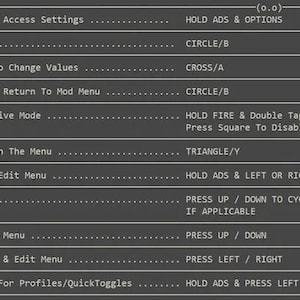 Può includere: Una tabella di istruzioni grigio scuro con testo bianco che dettaglia gli input del controller per un menu mod. Elenca comandi come Enter Mod Menu To Access Settings, Exit Menu, Enter Edit Menu To Change Values e Enable/Disable Drive Mode.