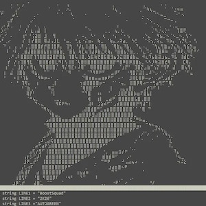 以下が含まれることがあります： とげのある髪とスカーフを身に着けたキャラクターの白いASCIIアートが描かれたダークグレーのデジタルディスプレイ。グラフィックの下には、const string LINE1 = "BoostSquad", const string LINE2 = "2K26", const string LINE3 = "AUTOGREEN"というコードテキストが表示されています。