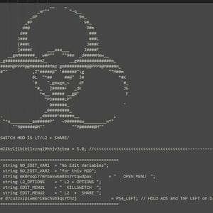 Peut inclure: Un écran gris foncé affichant de l'art ASCII blanc représentant un symbole de danger biologique suivi de code informatique. Le texte inclut des instructions pour un mod kill switch, des définitions de variables et des commandes de menu.