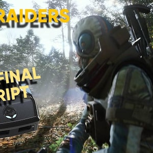 Peut inclure: Un graphique numérique affichant le texte ARC RAIDERS et ARC FINAL SCRIPT. Un appareil électronique noir de forme rectangulaire avec un logo central est présenté aux côtés d'un personnage portant un casque mécanique et un sac à dos.