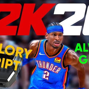 Könnte beinhalten: Eine digitale Grafik mit dem Text 2K26, 2K GLORY SCRIPT und ALWAYS GREEN. Ein Basketballspieler trägt ein blaues Oklahoma City Thunder Trikot mit der Nummer 2 und ein blaues Stirnband. Ein schwarzes elektronisches Gerät mit Logo ist zu sehen.
