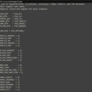 Puede incluir: Una pantalla de ordenador gris oscuro que muestra líneas de código de programación. El texto incluye definiciones para botones de mando como PS4_R2, PS4_L2 y PS4_CROSS, junto con ajustes de perfil y definiciones de forma para un motor de retroceso.