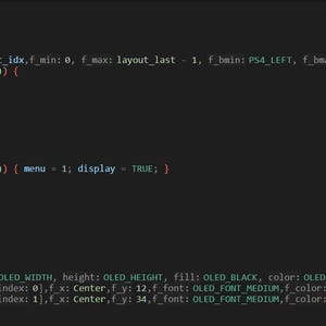 May include: A dark-themed code editor interface displaying C-style programming syntax on a screen. The text includes functions like case 3, layout_idx, event_press, and switch(menu), with visible line numbers ranging from 369 to 398 on the left side.