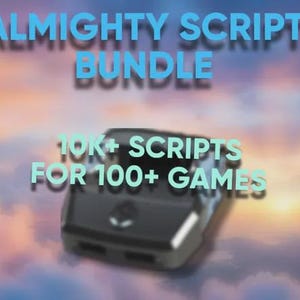 May include: A black gaming controller adapter with a small logo on the front. The text ALMIGHTY SCRIPT BUNDLE and 10K+ SCRIPTS FOR 100+ GAMES is displayed in light blue against a sunset sky background with clouds.