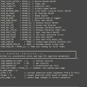 Pode incluir: Uma tela de computador cinza escuro exibindo código de programação C com texto branco. O código inclui definições para variáveis como PVAR_FLICK_ACTIVE, PVAR_TEMPO_MS e PVAR_STABILITY, juntamente com comentários explicando cada função.