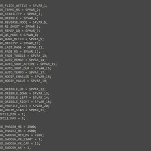 May include: A dark grey computer screen displaying a list of programming code lines starting with the word define followed by various variables such as PVAR_FLICK_ACTIVE, PVAR_TEMPO_MS, PVAR_STABILITY, and PVAR_DRIBBLE, ending with numerical values.