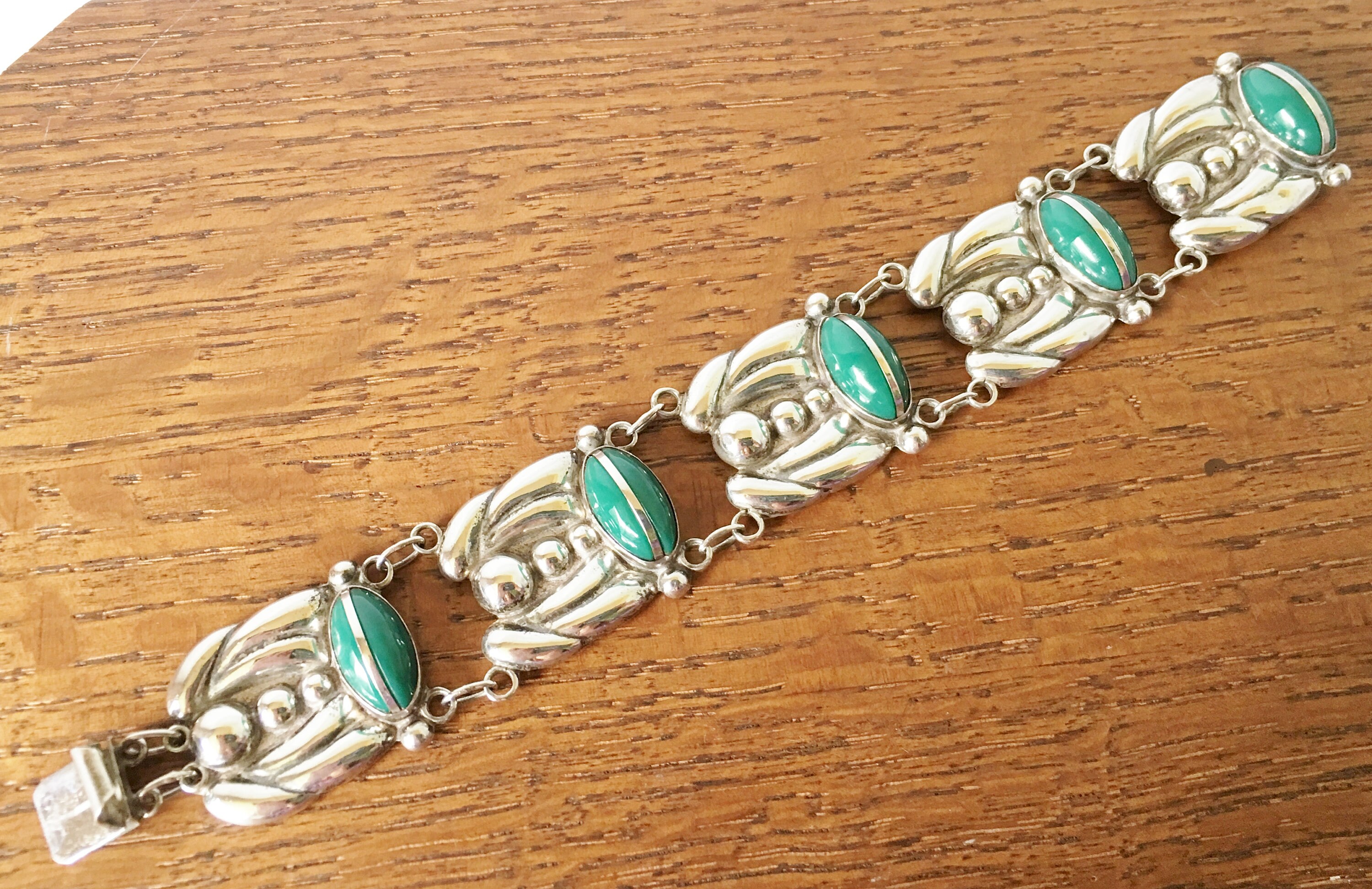 Vintage Mexican Sterling Silver Green Stone Bracelet Jewelry