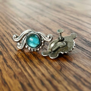 GERARDO LOPEZ Vintage Sterling Silver and Teal Blue Glass Cabochon Screw Back Earrings Taxco Mexico 11 grams