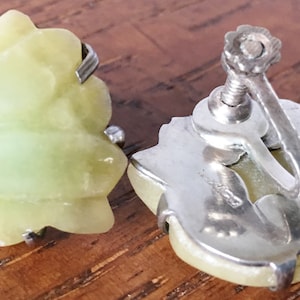 Vintage Sterling Silver Earrings Yellow Green carved Calcite Stone screw back Mexican Mexico 1940s jewelry 925