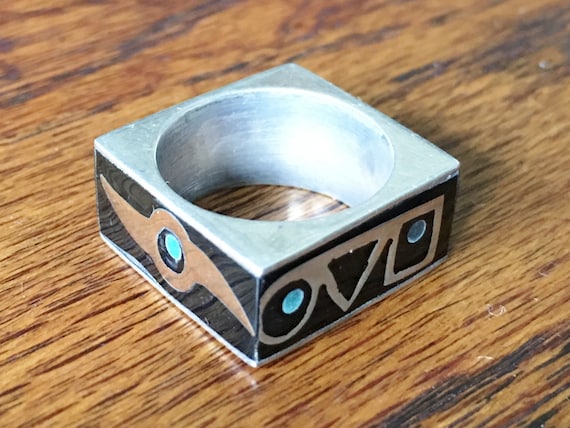 Vintage Sterling Silver Copper Green Stone Black Enamel