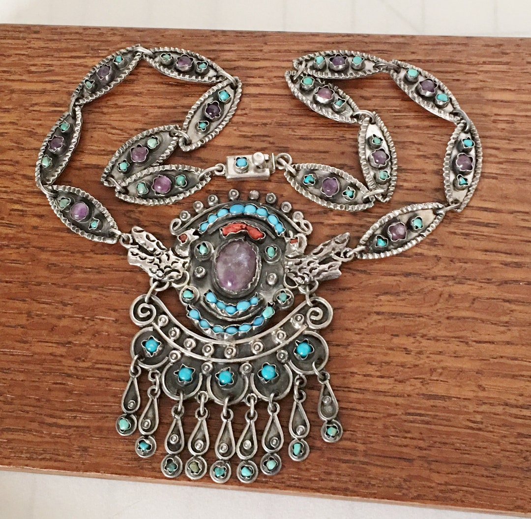 Vintage Pendant, Mexican Turquoise Coral Sterling Silver