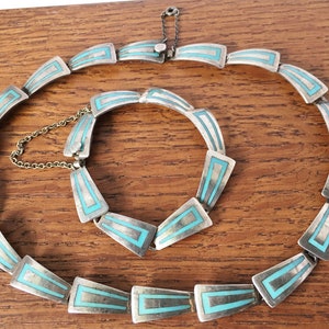 Vintage Sterling Silver Blue Turquoise Enamel Bracelet and Necklace set 925 Taxco JSF Mexico 62 grams