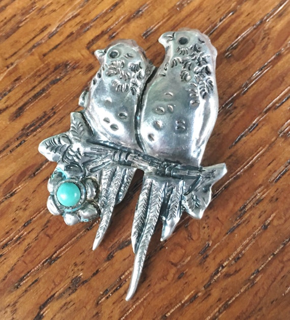Vintage Sterling Silver Pair Birds Turquoise Flowe