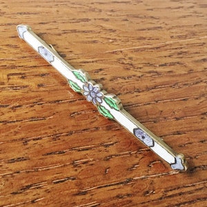 Vintage Guilloche Enamel Bar Pin Brooch C clasp early 1900s Floral Purple Lavender Green White