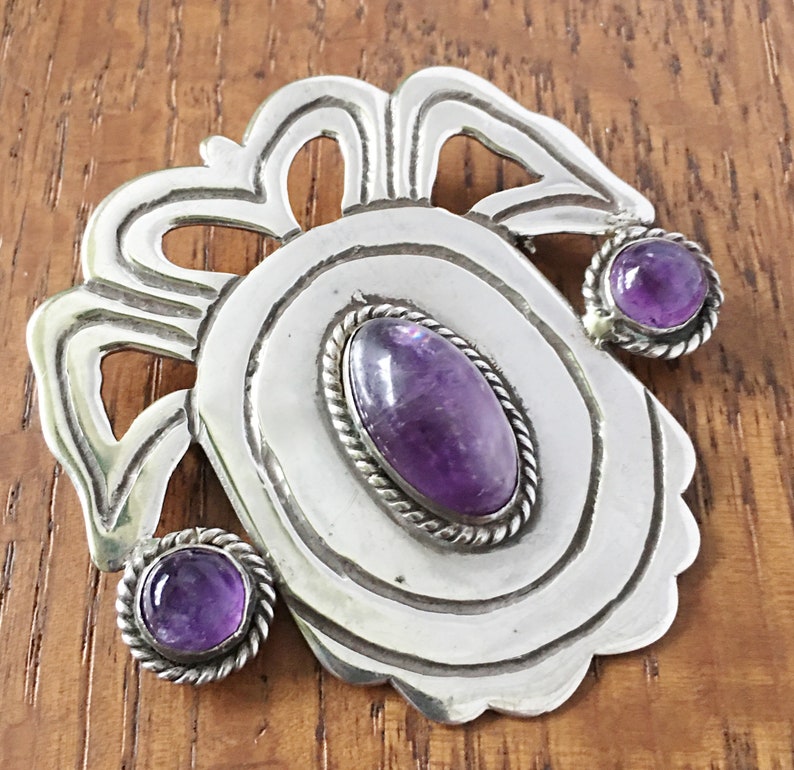 Large Vintage Sterling Silver and Amethyst pin brooch TAXCO 980 Mexico 48 grams