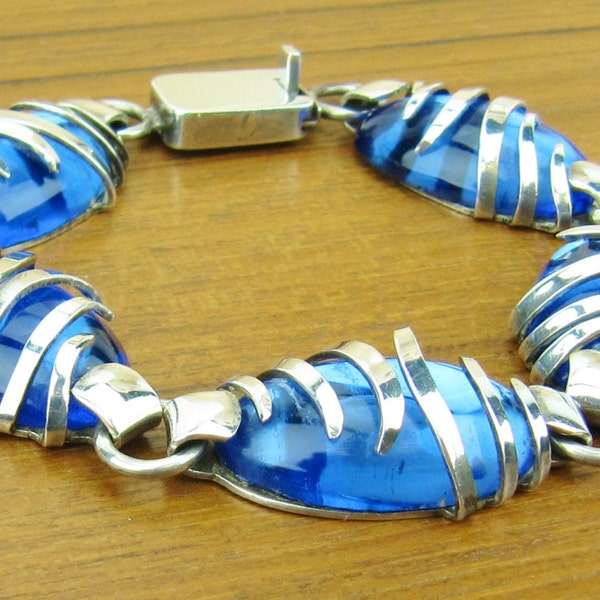 Vintage Mexico Sterling Silver Bracelet FarFan 925 jewelry hand made cobalt blue glass 43 grams