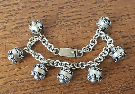 Vintage Sterling Silver Etruscan Charm chain brace