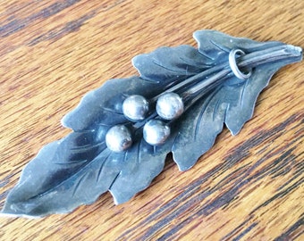 DAMASO GALLEGOS Vintage Sterling Silver Leaf Berry Brooch Pin Eagle mark 3 Taxco Mexico  11 grams