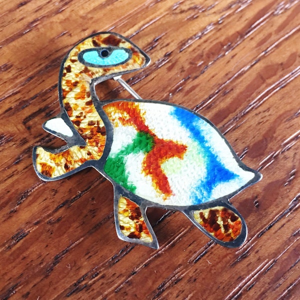 JERONIMO FUENTES Vintage Sterling Enamel Turtle Pin Brooch Brown Yellow Gold Blue Green  Made in Mexico 6 grams
