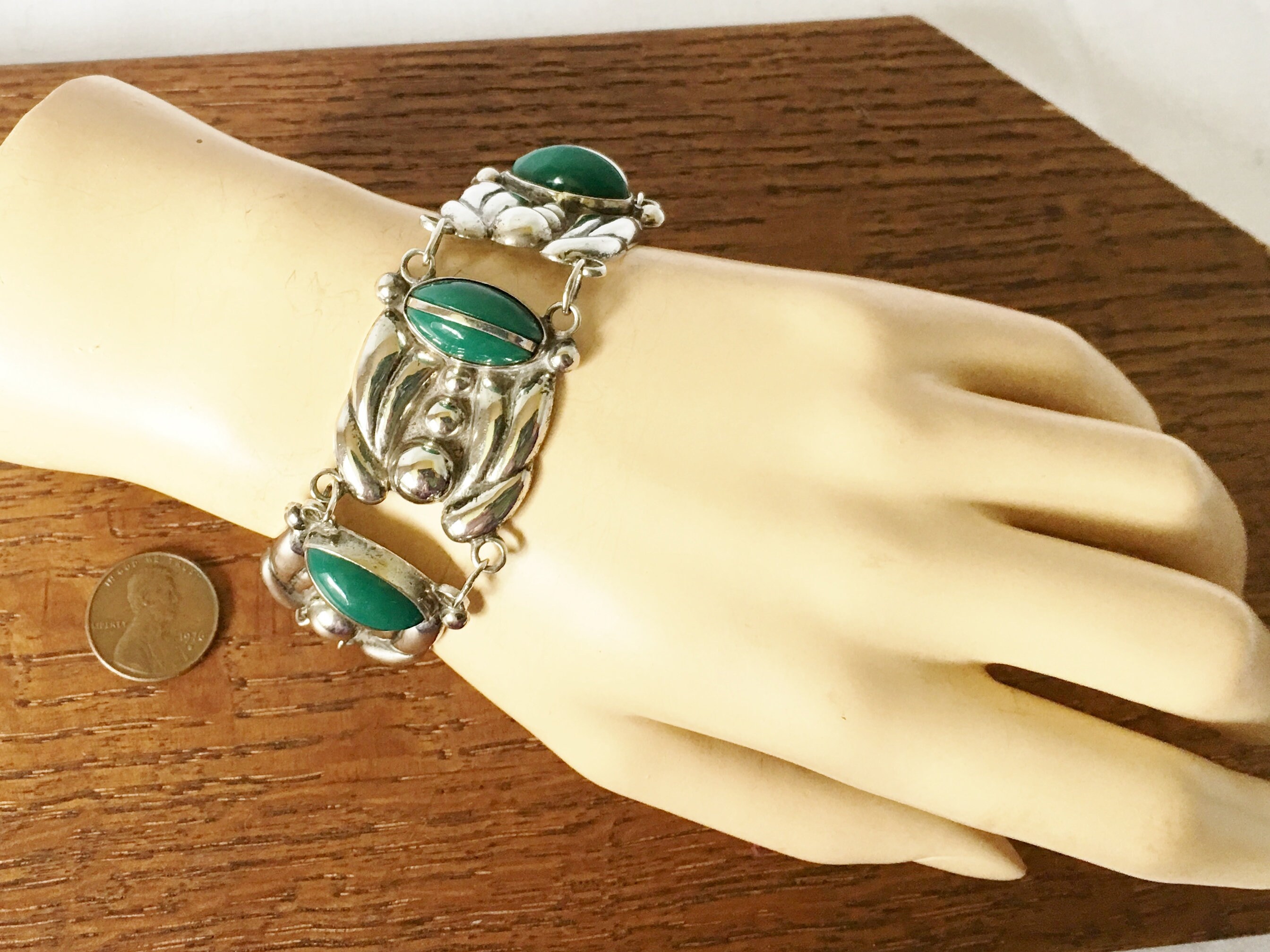 vintage Mexico シルバー&ゴールドブレスレット Vintage Mexican Sterling Silver Green Stone Bracelet Jewelry