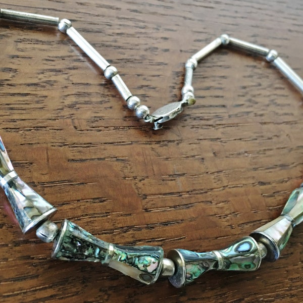 LOS CASTILLO Vintage Sterling Silver Abalone Shell Strung on cord Necklace 1980s TA-01 made in Taxco Mexico 925 31 grams