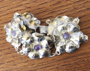 Vintage Mexican Sterling Silver Amethyst Flower Floral linked bracelet jewelry Hecho en Mexico 1940's 41 grams