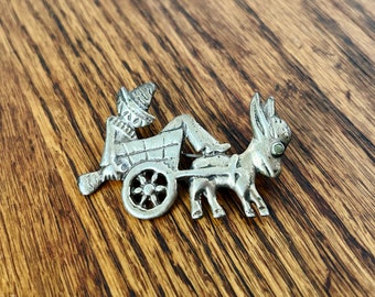 Vintage Sterling Silver Burro Donkey Cart Siesta Sombrero Green Stone Brooch Pin Mexico Souvenir 11.8 grams